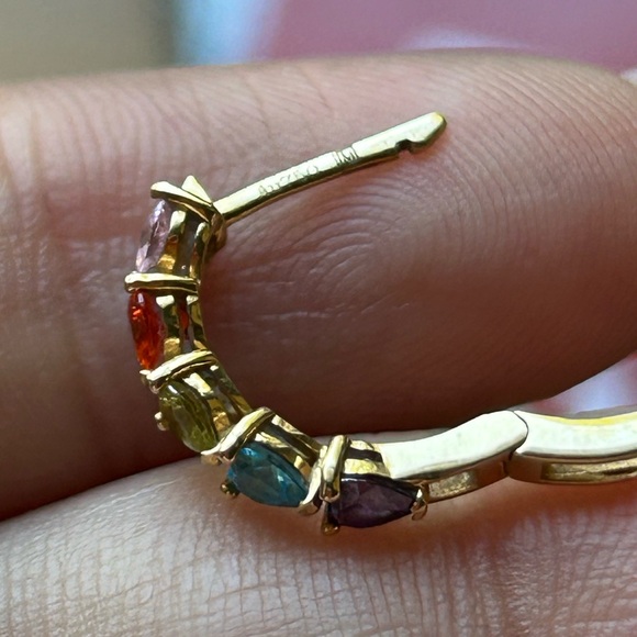 REAL 18 GOLD KARAT LOOP EARRING HEATT MULTICOLOR STONE - Picture 4 of 5